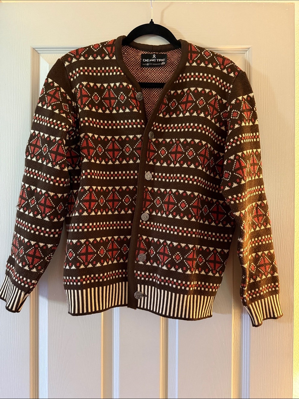 Vintage Demetre Brown and Red Patterned Men's Cardigan Sweater